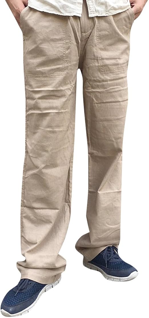 Mens Casual Linen Pants Baggy Plus Size Beach Pants Elastic Waist Dark