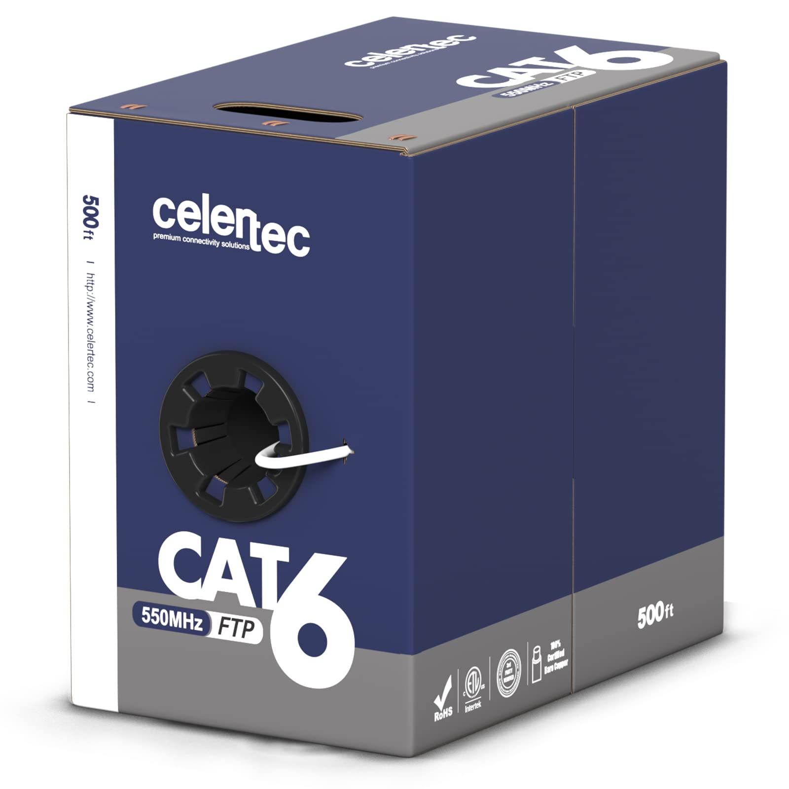 View 1 of celertec CAT6 Shielded Ethernet Cable, 500ft, FTP (Overall Foil Shield), 23AWG Solid Bare Copper, 550MHz, ETL Listed &CMR Riser Rated, Indoor, Bulk Ethernet Cable, White