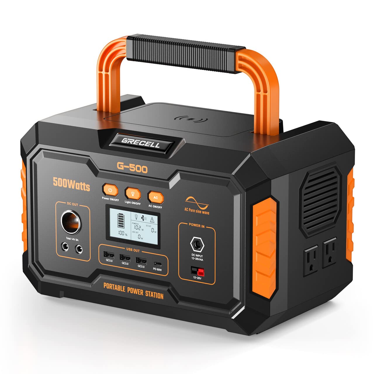 ポータブル電源 大容量 500W GRECELL 140400mAh/519wh ポータブルバッテリー 純正弦波 MPPT制御方式採用 家庭用蓄電池 PSE認証済 ワイヤレス充電搭載 10台デバイス同時充電 PD60W急速充電USB-C/USB-A 合計四ポート出力 AC(瞬間最大1000W)/DC出力 車中泊 キャンプ アウトドア 地震停電対策 防災グッズ LED/SOSライト付き 非常用電源商品画像