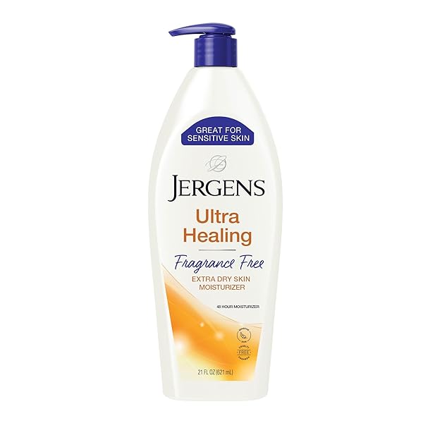 JERGENS ULTRA HEALING DRY SKIN LOTION, HAND AND BODY MOISTURIZER FOR QUICK ABSORPTION INTO EXTRA DRY SKIN WITH HYDRALUCENCE BLEND, VITAMINS C, E AND B5, WHITE, 21 OZ
