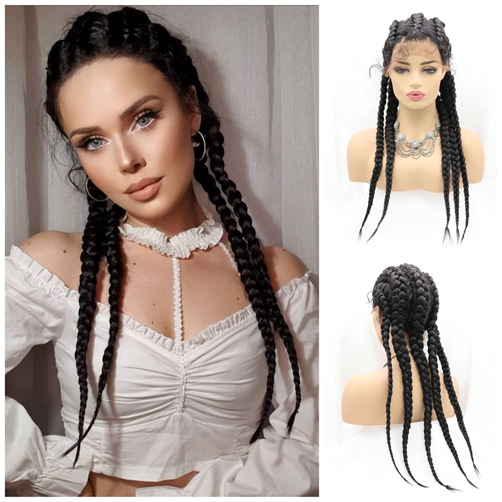 RainaHair Black Fully Hand-Braided Wig For Black Women 5x French Cornrow Braided Wigs with Baby Hair Synthetic Lace Front Wigs Heat Resistant Fiber Party Queen 24 Inches Daily Wear Braided Wig