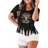 Wrenpies Western Rodeo Fringe Shirts for Women Cowgirl Cowboy Tshirt Cow Skull Vintage Country Music Graphic Tees Tassel Tops
