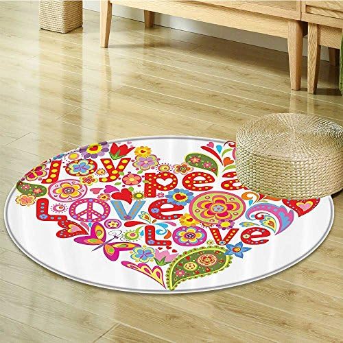 Groovy Decorations Circle carpet By Nalahomeqq Print With Colorful Hippie Floral Heart Spring Happiness Joy Wish Hope Message Room Accessories -Diameter 160cm(63")