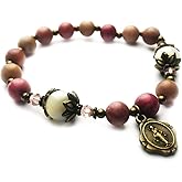 Pink Rhodonite and Mother of Pearl Stone Catholic Rosary Bracelet for Women with Virgin Mary Our Lady of Graces Medal Charm - Catholic Gifts Women