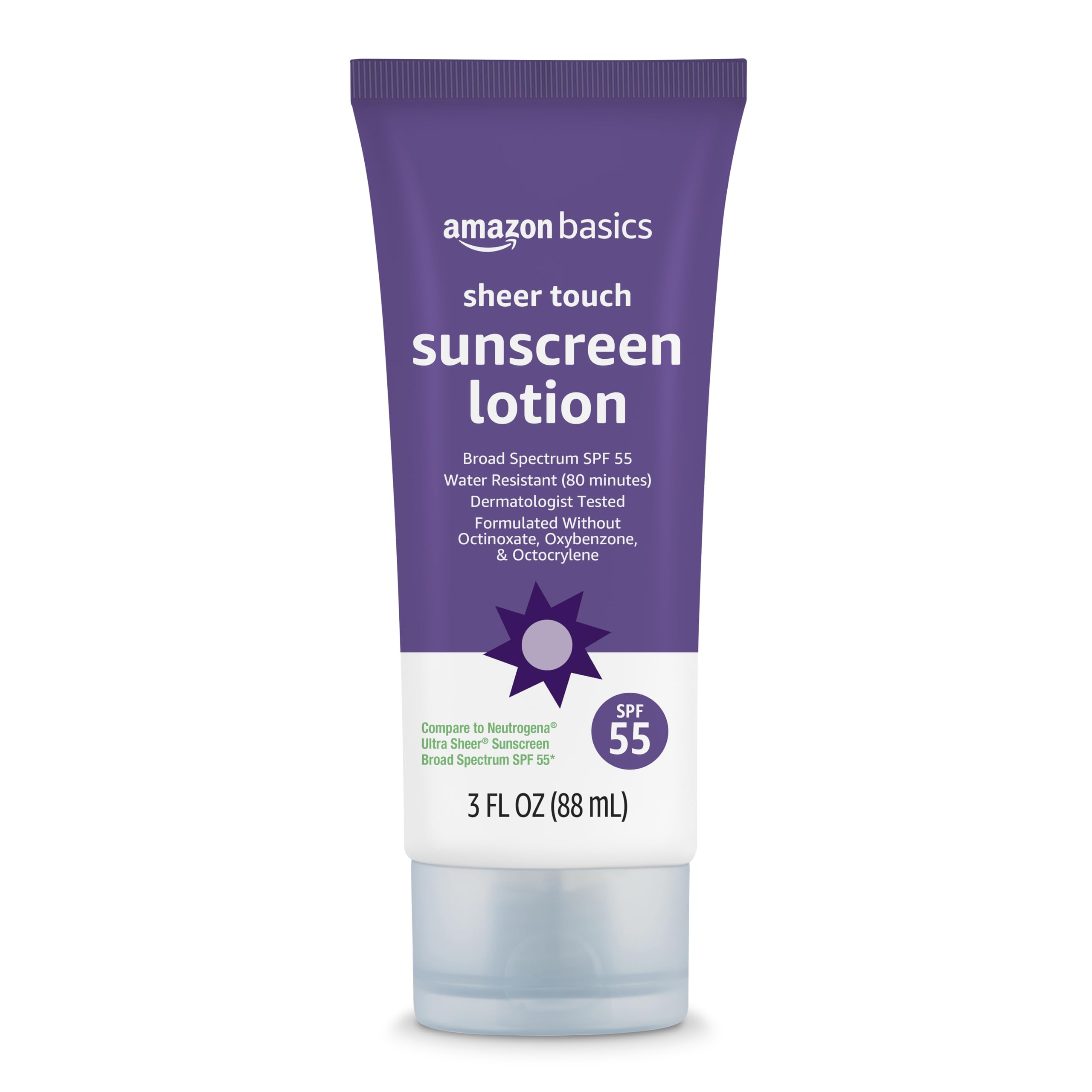 Photo 1 of Amazon Basics Sheer Facial Sunscreen SPF 55, UVA/UVB Protection, Unscented, Lightweight, Water Resistant, Formulated without Octinoxate & Oxybenzone, 3 fl oz (Pack of 1) (Previously Solimo)