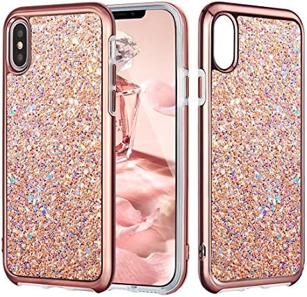 iPhone X Case, iPhone X Screen Protector, Glitter Bling Sparkly Dual Layer Shockproof Protective Cover [Hard PC Back, Soft TPU Inner] with Lanyard Slim for Apple 5.8" iPhone X /10 (Rose Gold)