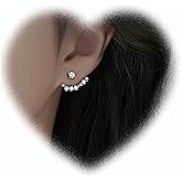 Crymystal Crystal Jacket Earrings for Women Bohemian Rhinestone Earrings Silver Cz Stud Earrings Paved Arc Bar Earrings Vintage Front Back Earrings Jewelry for Girls Gifts