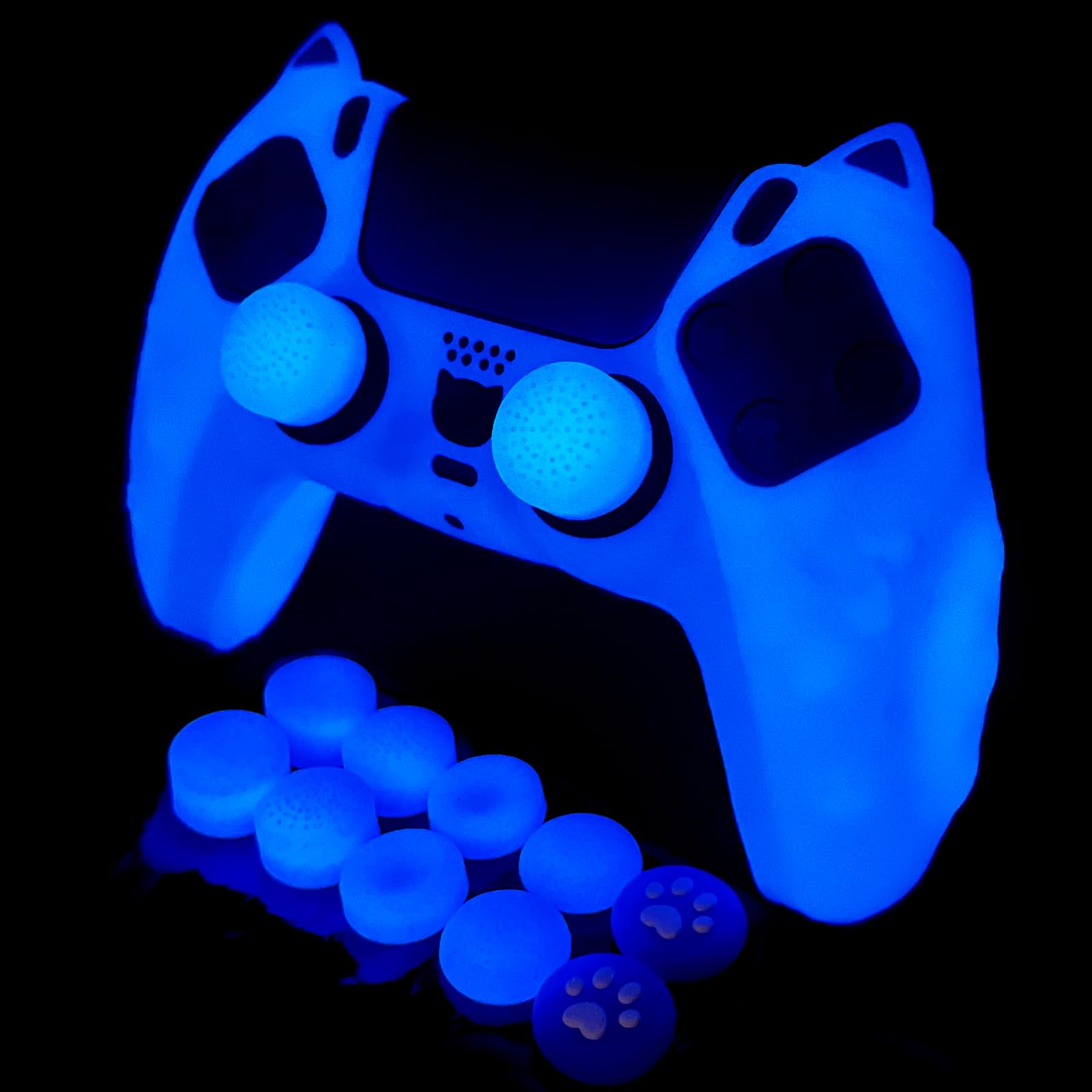 HLRAO Blue Cat Glitter Protective Silicone Cover Skin,Glow in the Dark Silicone Skins for PS5/Slim/Pro Controller,8 PCS Glitter Thumb Grips Caps and 2 Paw Grips Caps.
