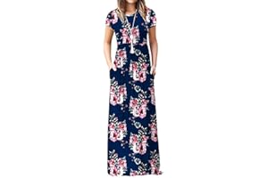 HIUARA 2023 Women Short Sleeves Dresses with Pockets Long Sun Dresses Summer Boho Casual Crewneck Beach Maxi Long Dress