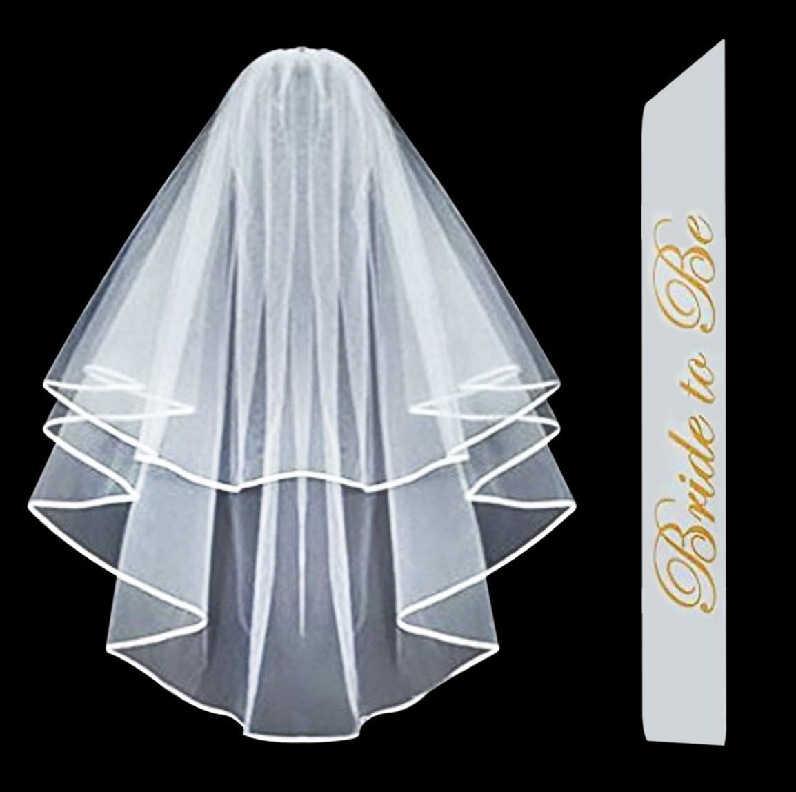Quantix Bachelorette Party Combo - Sash and Veil - White Double Ribbon Edge Bridal Wedding Veil with Stay in Place Comb & Bride to Be Satin Sash