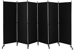 GOFLAME 6 Panel Folding Room Divider, 6FT Rolling Privacy Screen with Lockable Wheels, Portable Room Partition Screen, Freestanding Wall Divider and Separator for Home Office, Black