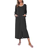 Ekouaer Women Long House Coat Zipper Front Robes Full Length Nightgowns with Pockets Striped Loungewear S-4XL