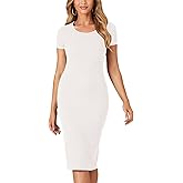 LYANER Women's Summer Round Neck Short Sleeve Ribbed Knit Bodycon Pencil Midi Dress