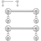 FUNLMO Titanium Nipple Piercing Jewelry - Internally Threaded Rings With Cubic Zirconia Dangle, 14G Barbell Bars