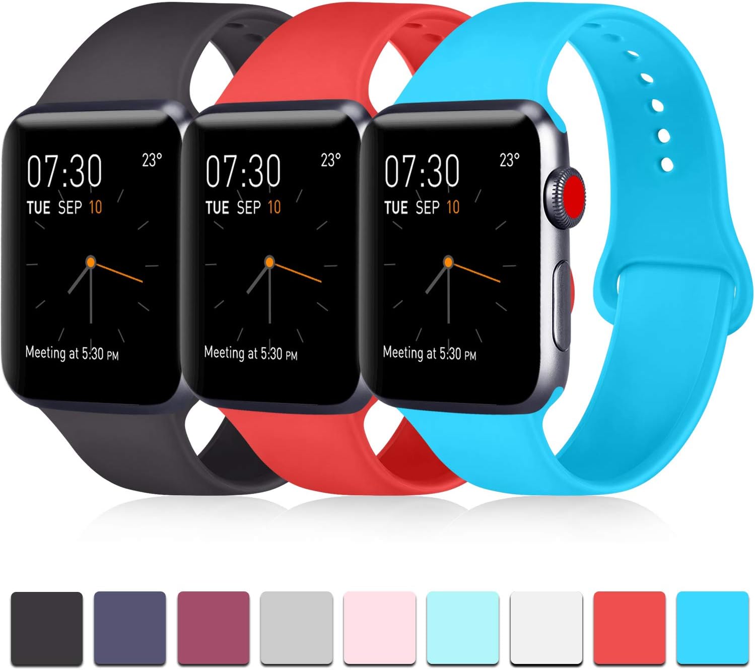 Pack 3 Compatible with Apple Watch Band 38mm 40mm 42mm 44mm, Soft Silicone Band Replacement for Apple iWatch Series 4, Series 3, Series 2, Series 1 (Black/Orange Red/Teal, 42mm/44mm-M/L)