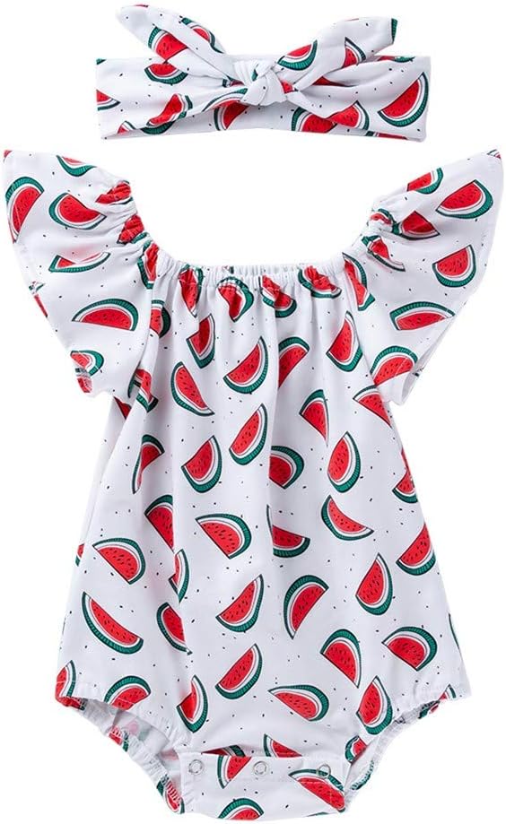 Huifa Toddler Baby Fly Sleeve Watermelon Print Romper with Headband Clothes Set Outfit