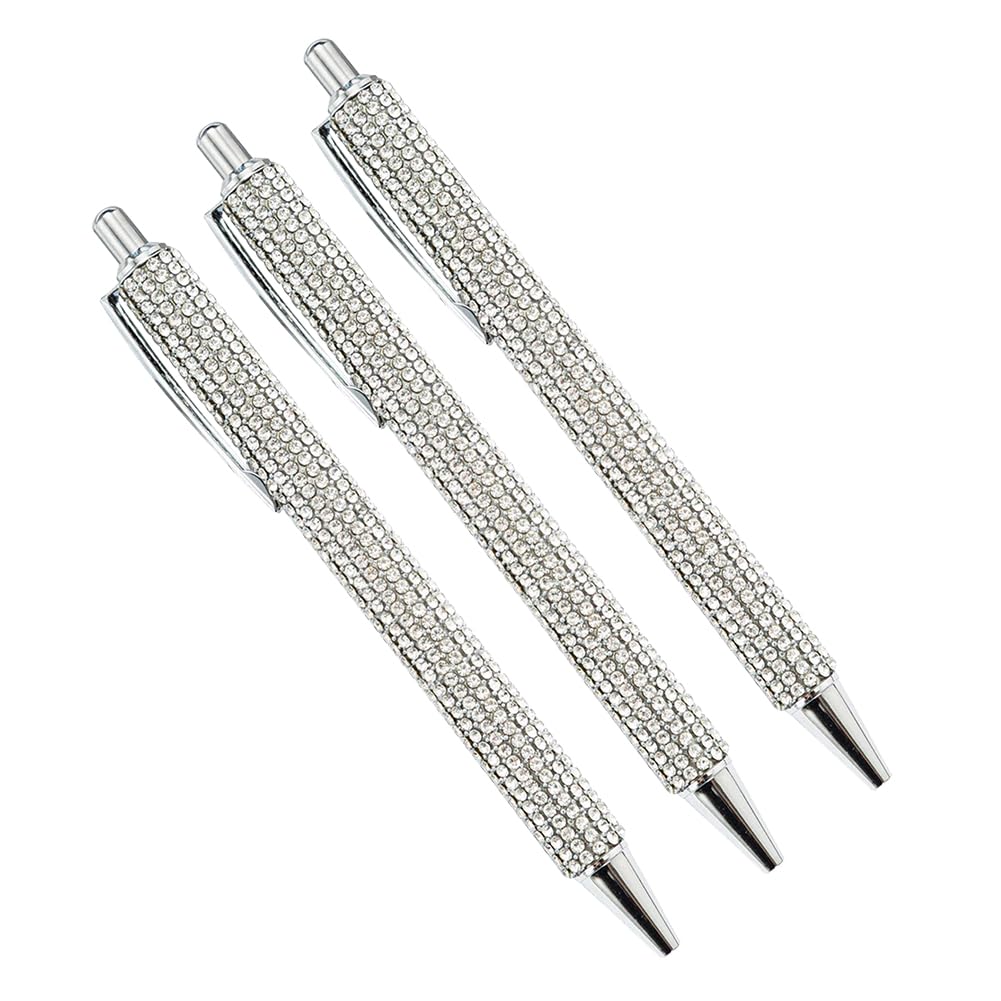 JIHUOO Rhinestone Ballpoint Pens - 3 Pcs Glitter Metal Pens Click Retractable Glitter Silver Rhinestone School Office Supplies for Women Girls