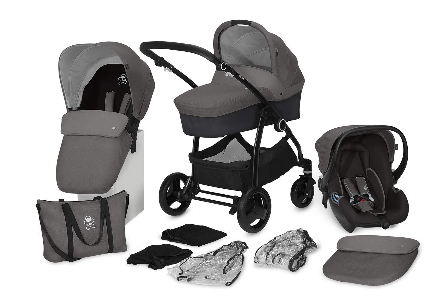 cbx 3-in-1 Kombikinderwagen-Set Leotie Pure 12-teilig mit Babyschale Shima, Faltbare Babywanne, 2x Regenverdeck, 2x Moskitonetz, Comfy Grey