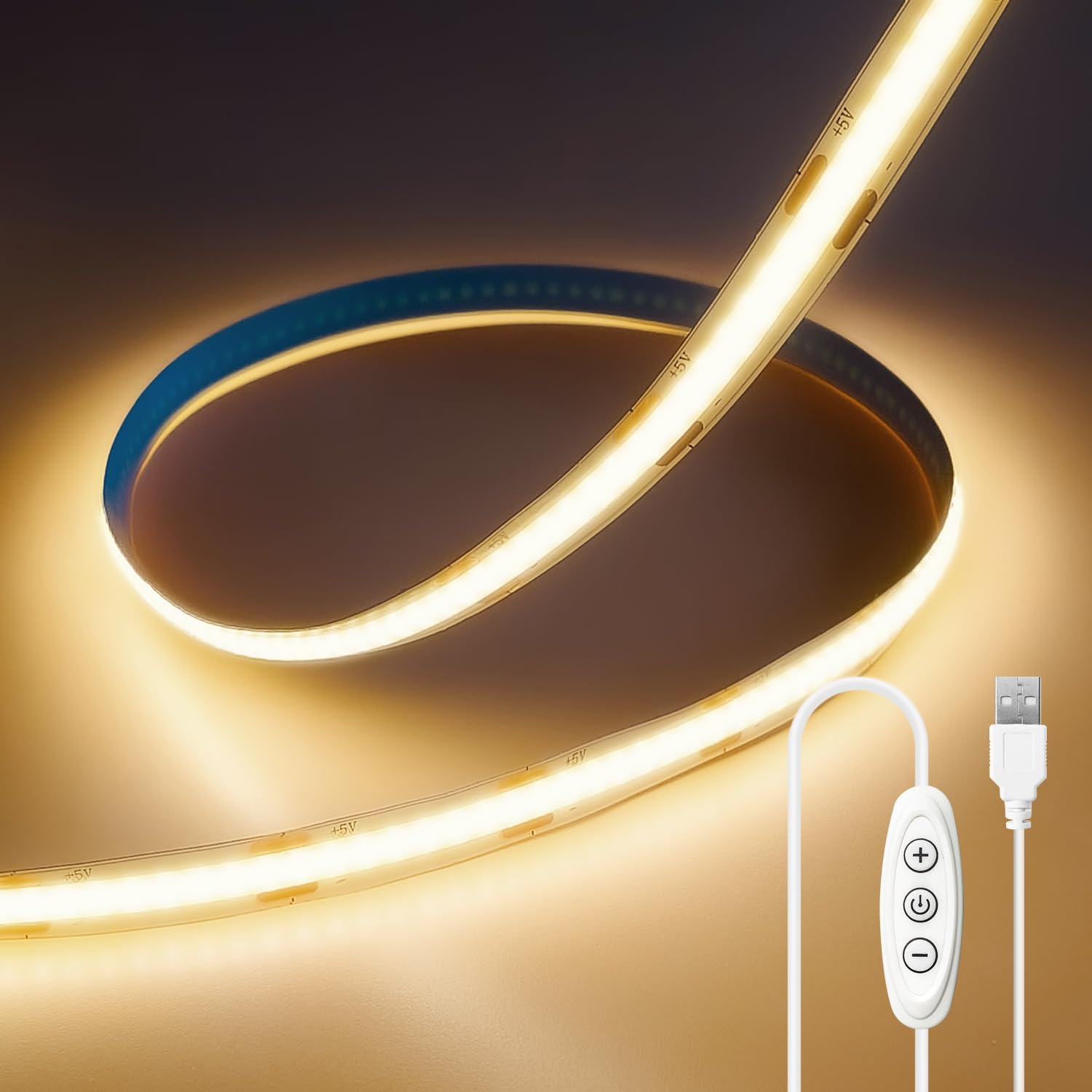 ShineBurky COB LED Strip Light 2M, 3000K Warm White USB LED Strips, 5V Dimmable COB Tape Lights, CRI93+ High Bright Flexible Cuttable Lights for Bedroom TV Backlight Mirror Monitor Kitchen Table Decor