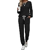 Sweetyweee Women's Ribbed Knit Lounge Sets 2 Piece Outfits Long Sleeve Pajamas Set Loungewear Sweatsuits Fall Pjs with Pocket