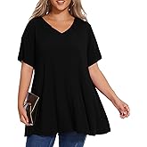 OVERWORETY Women's Plus Size Summer Tops Casual Business Collared Lapel V Neck Shirts Short Sleeve Dressy Polo Blouses Tunic