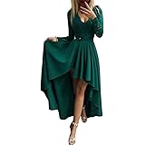 Diukia Womens Sexy V Neck Lace Long Sleeve High Low Cocktail Party Evening Dress