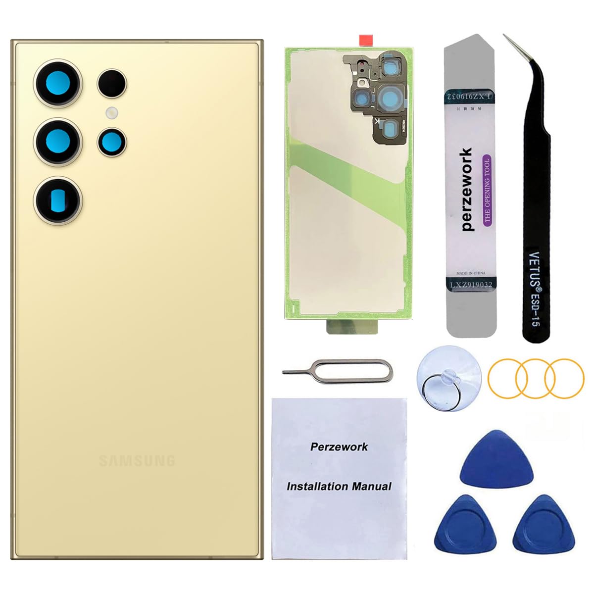 Perzework Rear Back Glass Replacement for Samsung Galaxy S24 Ultra 6.8-inches with Reparing Toolkit(Titanium Yellow)