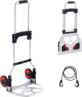 Diable pliable, 79,8 kg de charge, chariot portable en aluminium, diable convertible et chariot avec poignée télescopique et roues en caoutchouc, ultra léger et très résistant