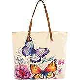 COTT N CURLS Aurelia Canvas Tote Bag for Women - 26x20 Butterfly Purses for Women, Watercolor Print, Canvas and Leather, Spring Purses, Butterfly Gifts, Spring Gifts for Mom, Sister, Friend