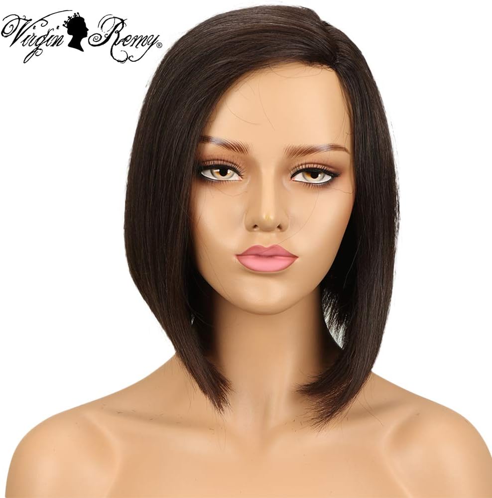 QVR Short Human Hair Wigs for Black Women 10 inch L Part Lace Front Wigs Brazilian Straight Hair Wigs 130% Full lace Wigs Color 2