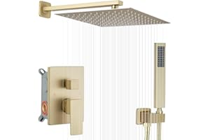 JingGang Brushed Gold Shower System 12 Inch Bathroom Luxury Rain Mixer Shower Combo Set Wall Mounted Rainfall Shower Head and Handheld System Shower Faucet Set Rough-in Valve Body and Trim Kit