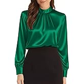 Neweek Womens Satin Blouses Long Sleeve Mock Neck Elegant Pleated Silk Shirts Tops for Business Casual Work