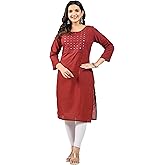 Meyali Cotton Kurtis for Women | Straight Fit Round Neck Kurta | 3/4 Sleeves Tunic Top | Casual Indian Kurtis for Women