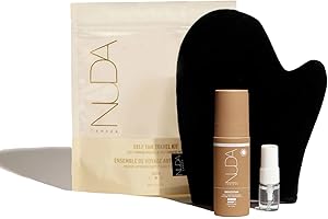 Nuda Glow On The Go Self Tan Travel Kit | Includes Self Tanner Mitt, 50mL Dark BronzeFoam Tanning Mousse, & 5mL CloudMist Fac