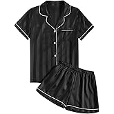 Umenlele Women's Silky Satin Striped Pajamas Short Sleeve Top with Shorts Sleepwear PJ Set