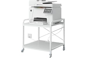 METYERRY Under Desk Printer Stand with Power Outlet Large Printer Table with Adjustable Shelf,Industrial Wheels, 20 Inches Deep 2 Tier Rolling Printer Cart for Home Office, White
