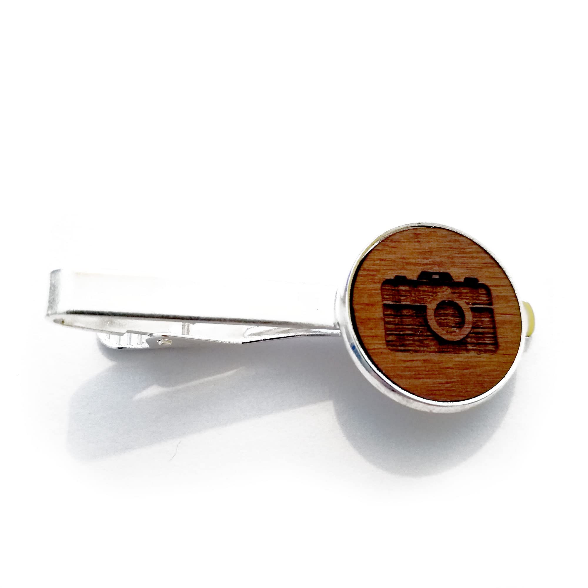 Camera Tie Clip, Wooden Tie Bar, Mens Necktie Clasp Clip Clamp Pin, Engraved 5th Anniversary Wedding Present, Gift for Dad, Groomsmen, Usher, Birthday, With Gift Box