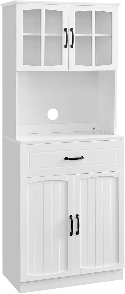 VASAGLE Tall Kitchen Pantry Cupboard with Glass Doors White LSC361W21