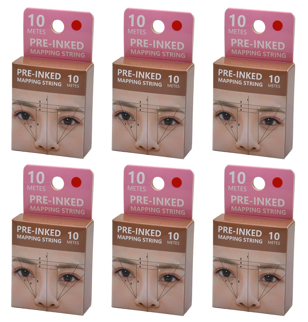 XIAOYU 10M Pre-Inked Mapping String, Eyebrow Tattoo Mapping Thread for Symmetrical Eyebrow Marking Tattoo Markers, Pack of 6, Red Ink