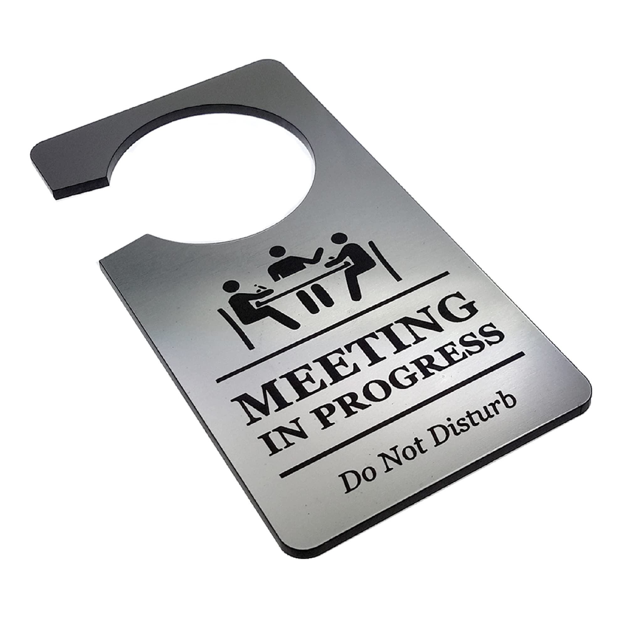 Meeting in Progress Do Not Disturb - Room or Door Hanger Sign made in Silver Material - for use in Business, Corporate, Home Office, Hotels, Workplace. UK Based