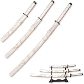 3pc Set Japanese Samurai Sword with Display Stand,Iaido Katana Carbon Steel Blade Real Sword for Display Decoration and Gift