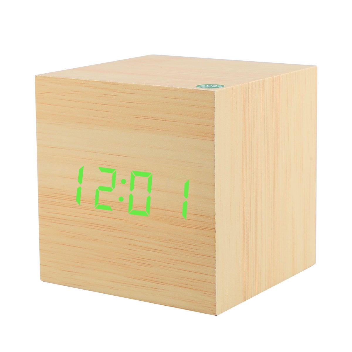 Soyion LED Réveil en Bois Affichage numérique avec Contrôle LED Horloge de Bureau Décorez Votre Maison et le Bureau, Alimenté par USB ou Batterie - Forme Cube (Bois cube & vert mot) (Square)