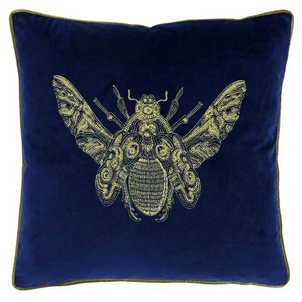 Riva Paoletti Cerana Cushion Cover Royal Blue Super Soft Velvet Fabric Embroidered Bee Design Gold Piped Edges 100% Polyester 50 x 50cm (20" x 20" inches)