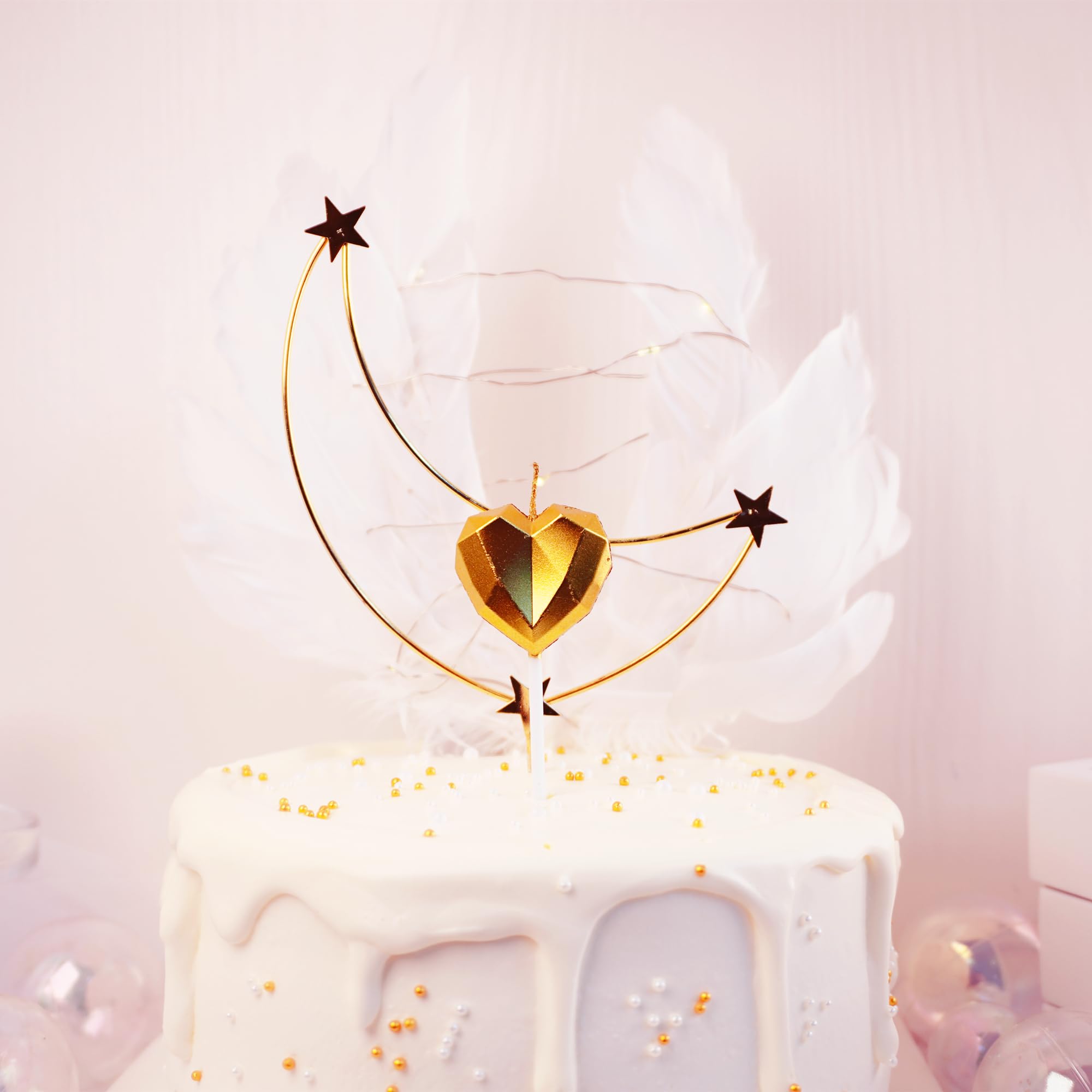 Saododku Gold Birthday Candles,5 Pack Metallic Colors Geometric Heart-Shaped Cake Candles for Birthday Cakes