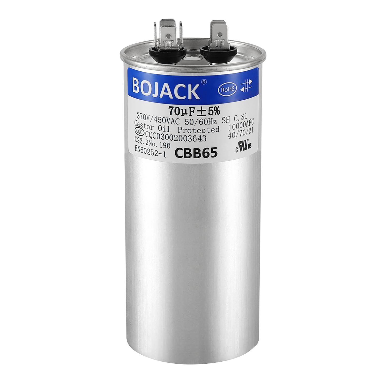 Photo 1 of BOJACK 70 uF ±5% 70 MFD 370/450 V CBB65 Round Run Start Capacitor for AC Motor Run or Fan Start and Cool or Heat Pump Air Conditione