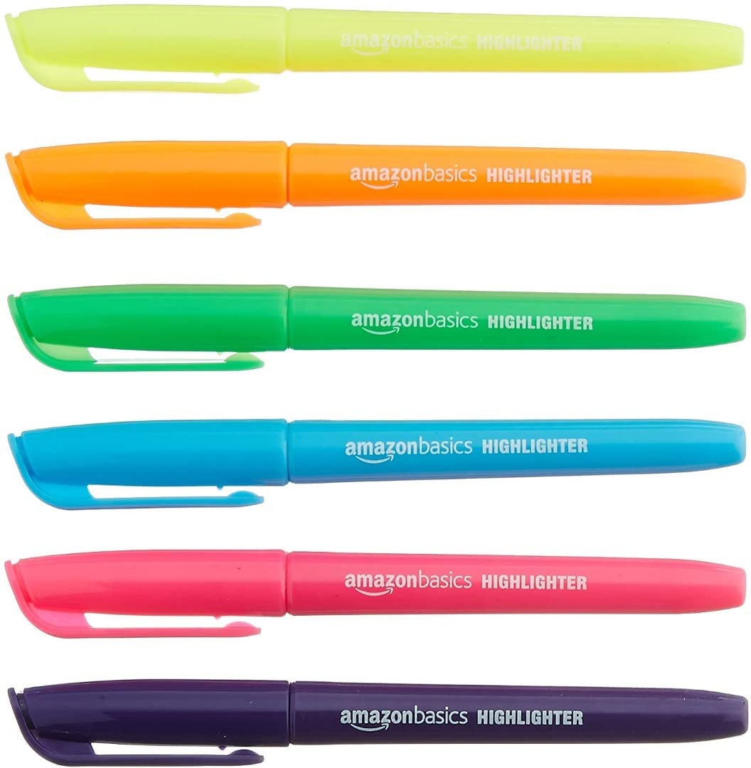 Amazon Basics Highlighters Pack of 12 with 6 Assorted Neon Colours, Durable Chisel Tip, Pens for Adults and Kids, Multicolour