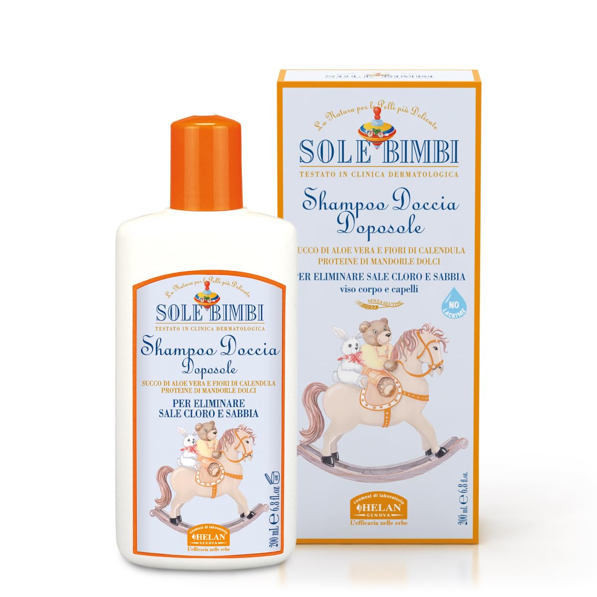 Helan, Sole Bimbi - Soothing Moisturising After-Sun Body, Face and Hair Shampoo, After-Sun Restructuring Shower Gel with Sweet Almond Protein, Aloe Vera and Calendula, 200 ml