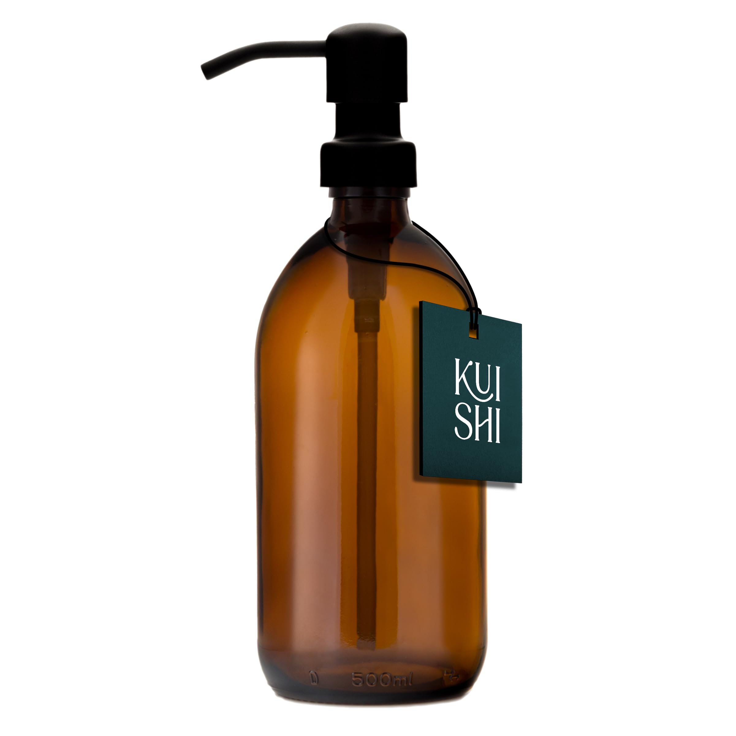 Kuishi Glass Soap Dispenser with Black Stainless Steel Pump - 500ml Refillable BPA-Free Hand Soap Dispenser for Kitchen & Bathroom, Amber