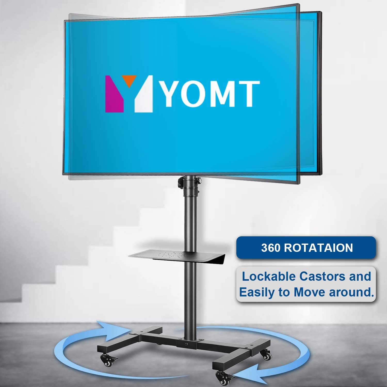 Mobile TV Cart Rolling Floor Stand with Mount on Lockable Wheels Height Adjustable Shelf Trolley for 23-55 inch Flat or Curved Screen TVs Display Stand, Black : Home Audio & Theater