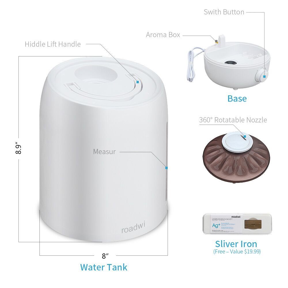 Roadwi 5L Antibacterial Diffuser Humidifier, Large Capacity Ultrasonic Diffusers Running 20+ Hours, Adjustable Mist mode for Home Office Bedroom Living Room Yoga (FREE Silver Ion Water Purifier)